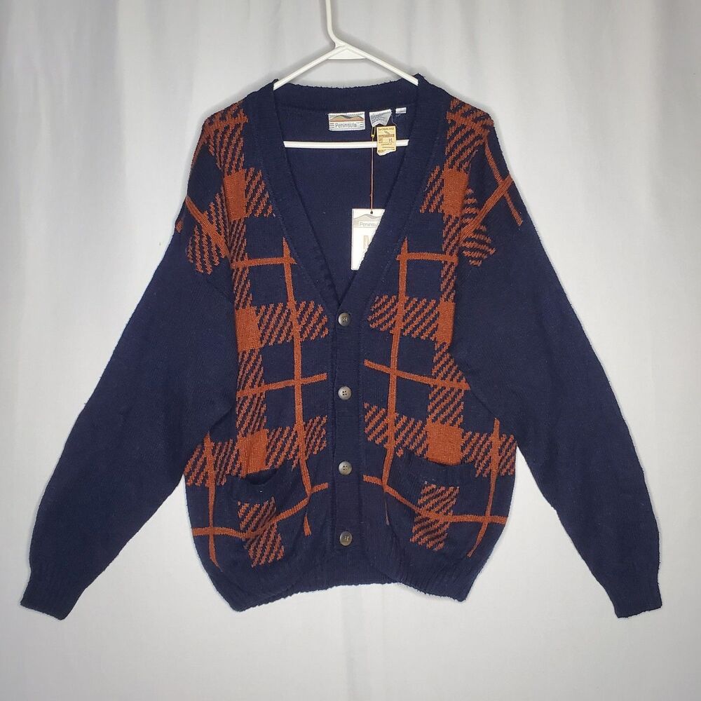 Peninsula NOS Cardigan Men Medium Plaid Button‎ Silk Cotton 90s Grunge Cobain